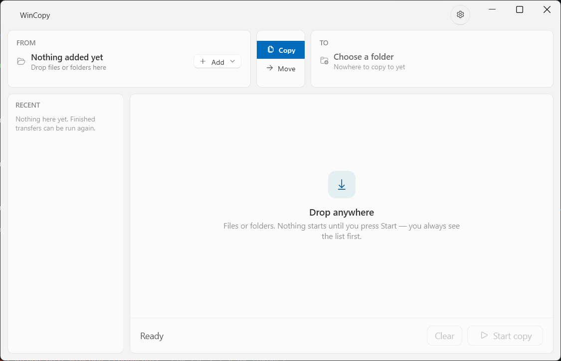 WinCopy main window showing the copy/move panel